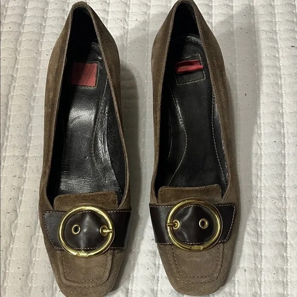 Coach Brown Suede Flats with Gold Accent - Picture 2 of 7